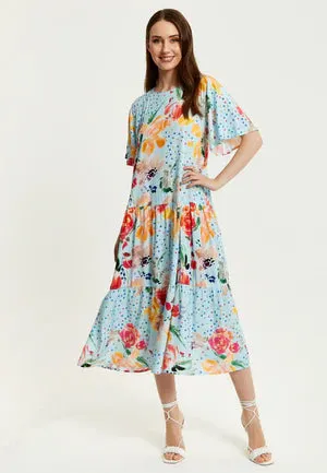 Liquorish Blue Floral Print Maxi Smock Dress