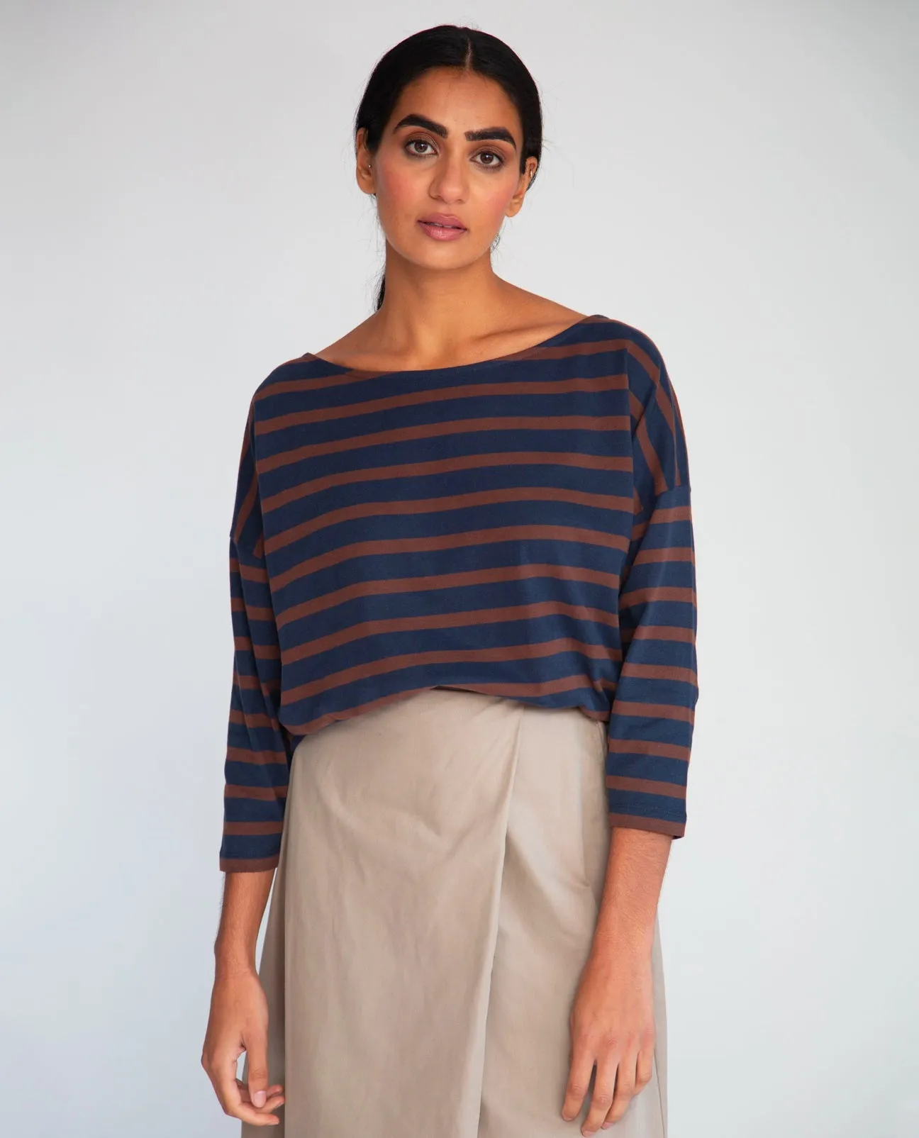 Mafalda-Sue Organic Cotton Top In Navy & Chocolate