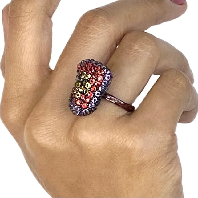 MCL Design Sterling Silver Bean Ring with Burnt Orange Oil Enamel, Black Spinel, Amethyst, Red Sapphires & Yellow Sapphires