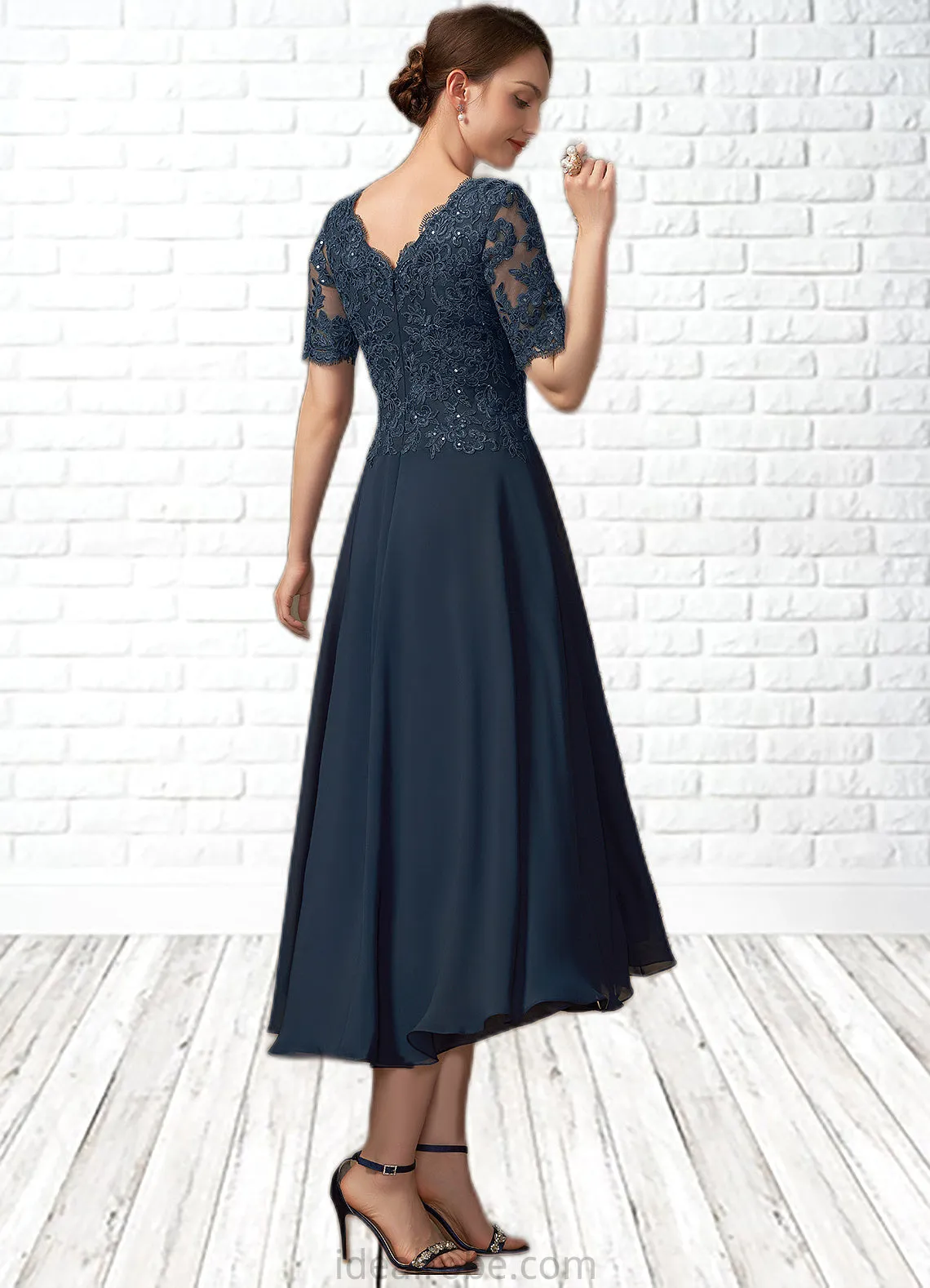 Melissa A-line V-Neck Asymmetrical Chiffon Lace Mother of the Bride Dress With Sequins STK126P0014686