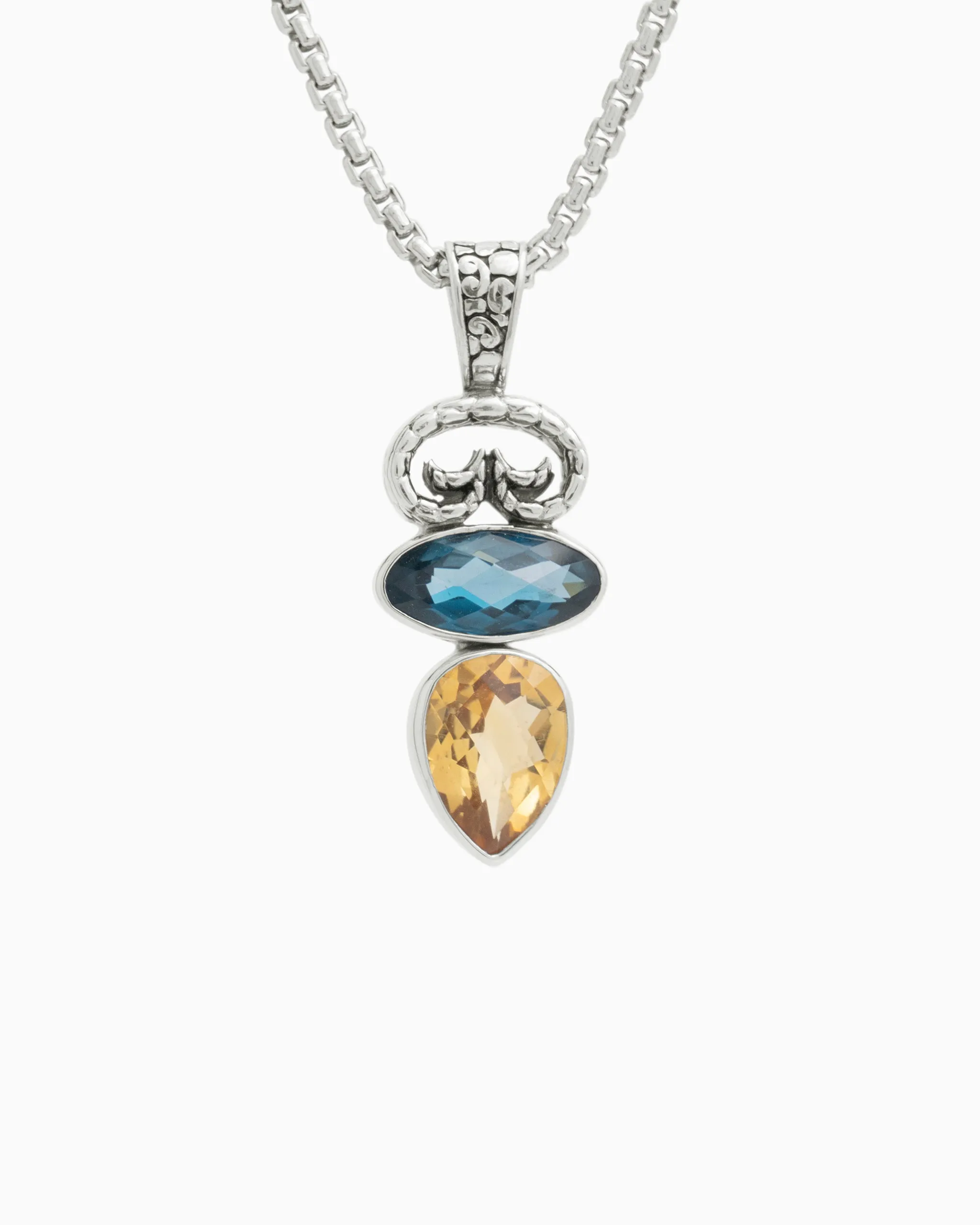 North Shore Double Stone Pendant with Petroglyph - Citrine/London Blue Topaz