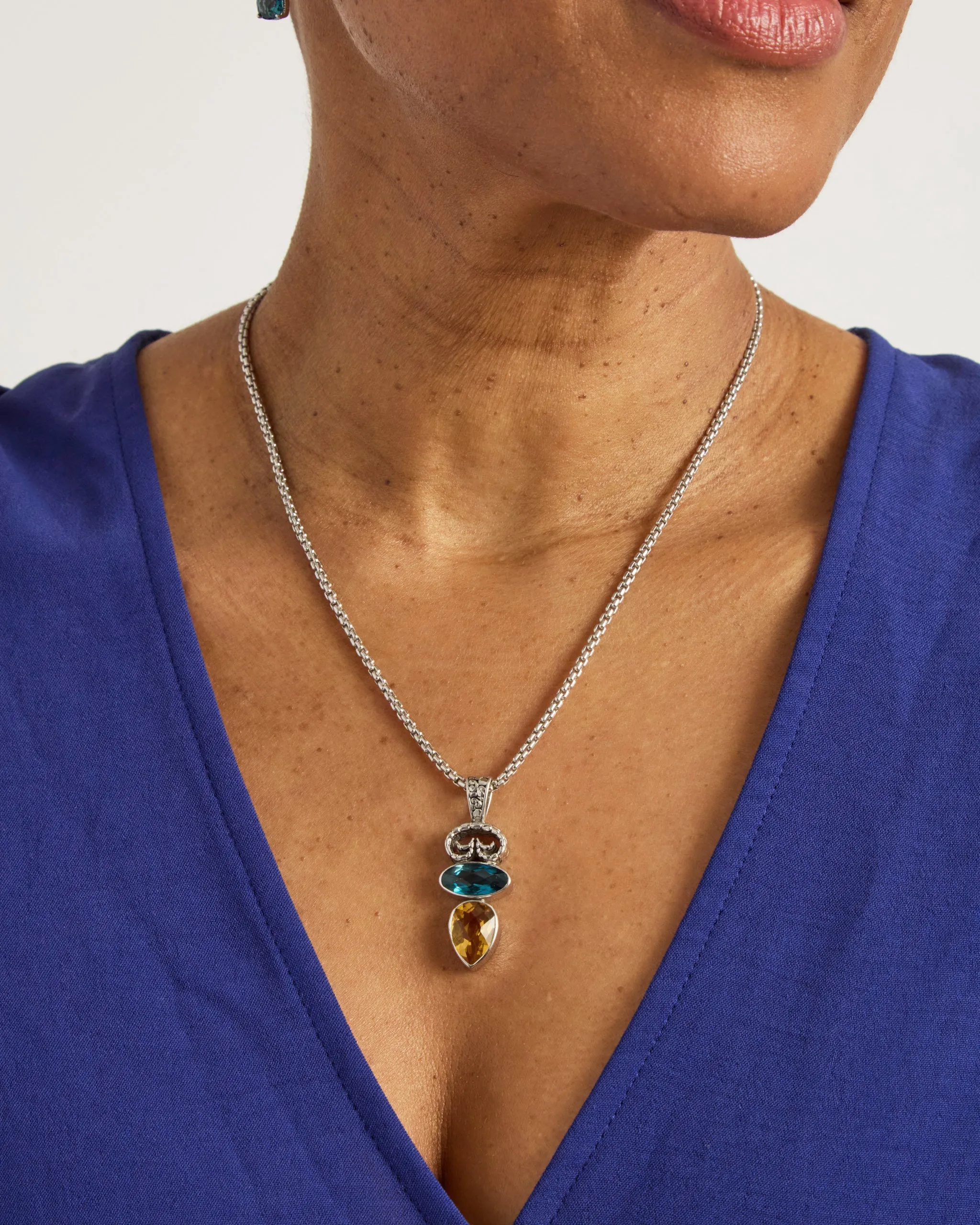 North Shore Double Stone Pendant with Petroglyph - Citrine/London Blue Topaz