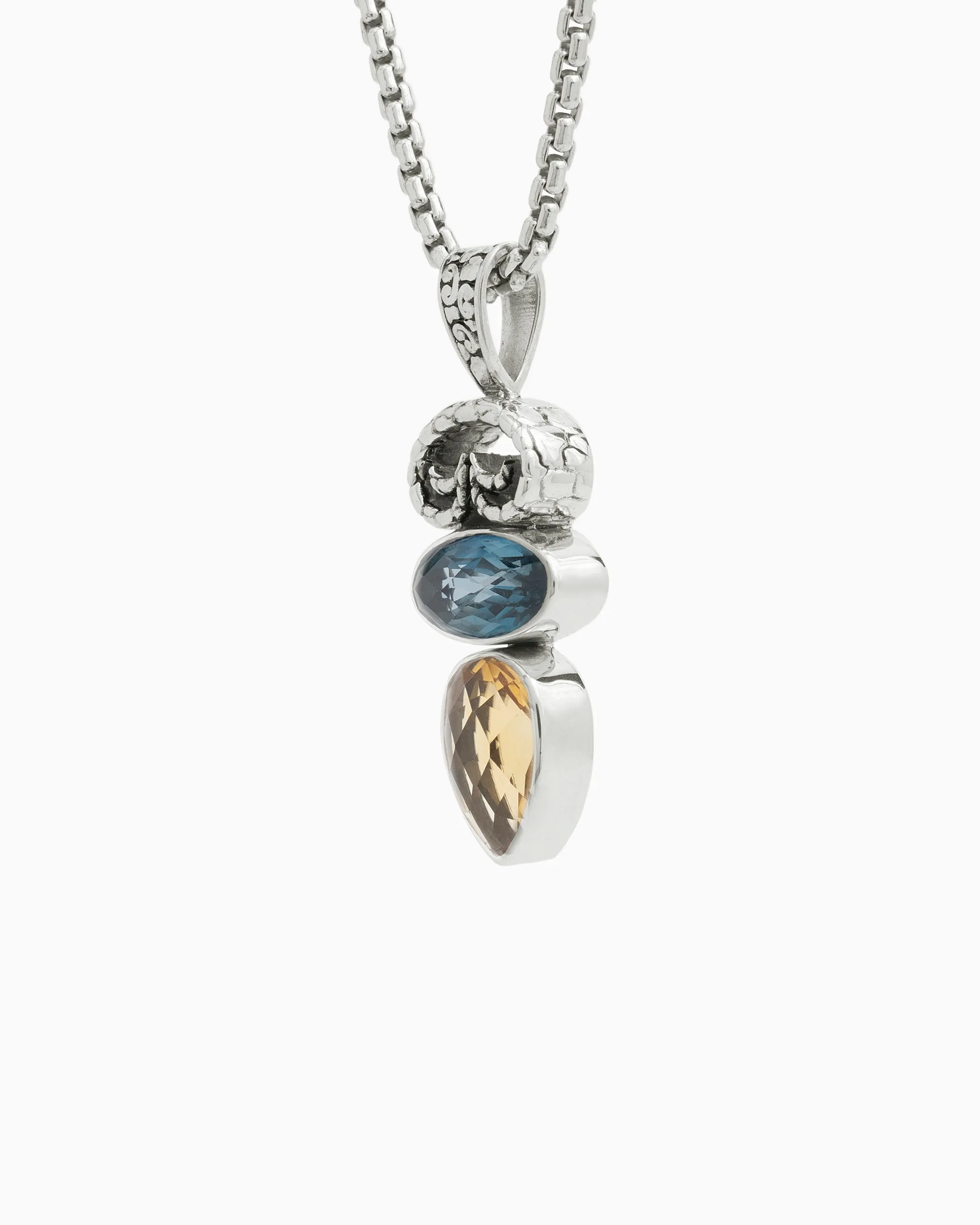 North Shore Double Stone Pendant with Petroglyph - Citrine/London Blue Topaz