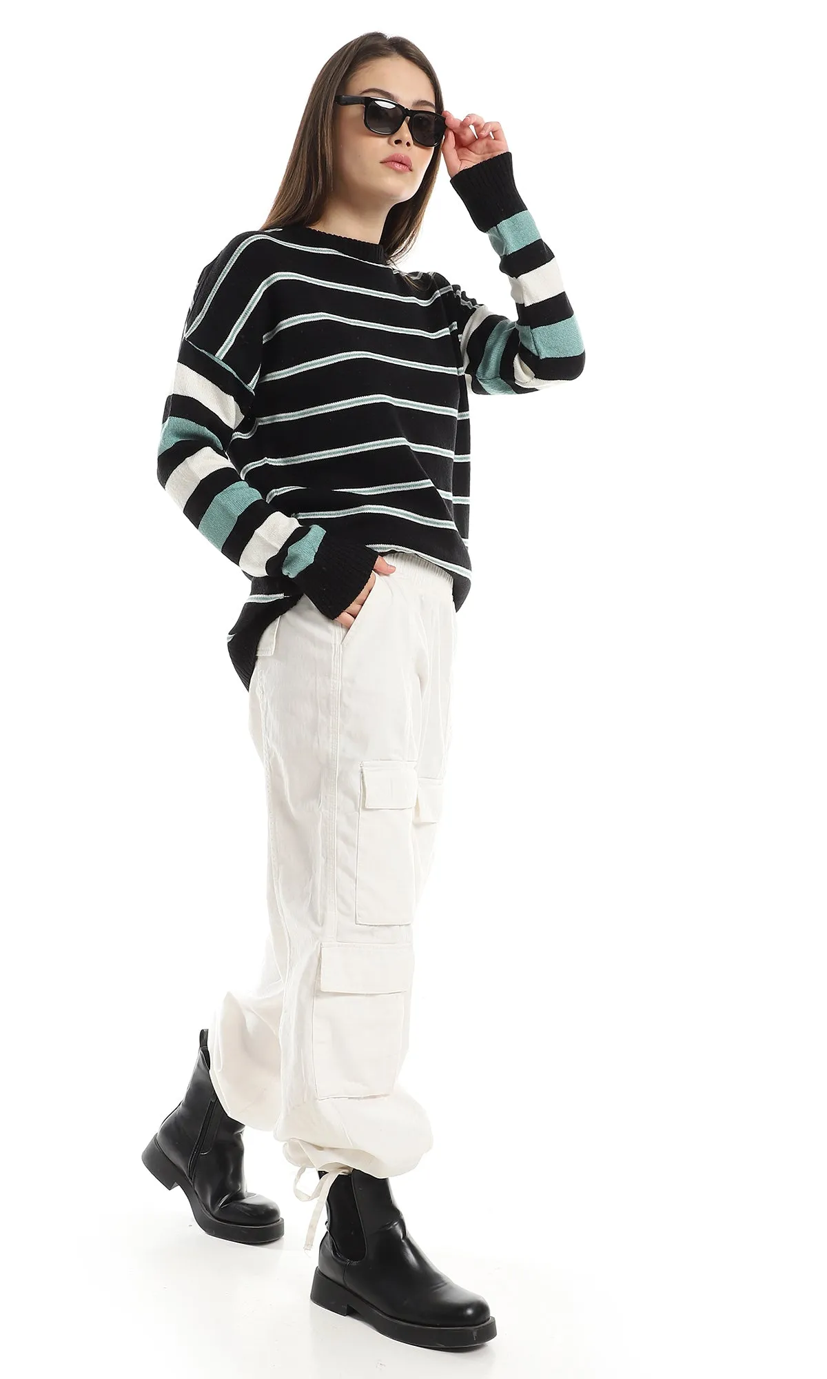 O160299 Striped Oversize Knitted Black , Green & Off White Pullover