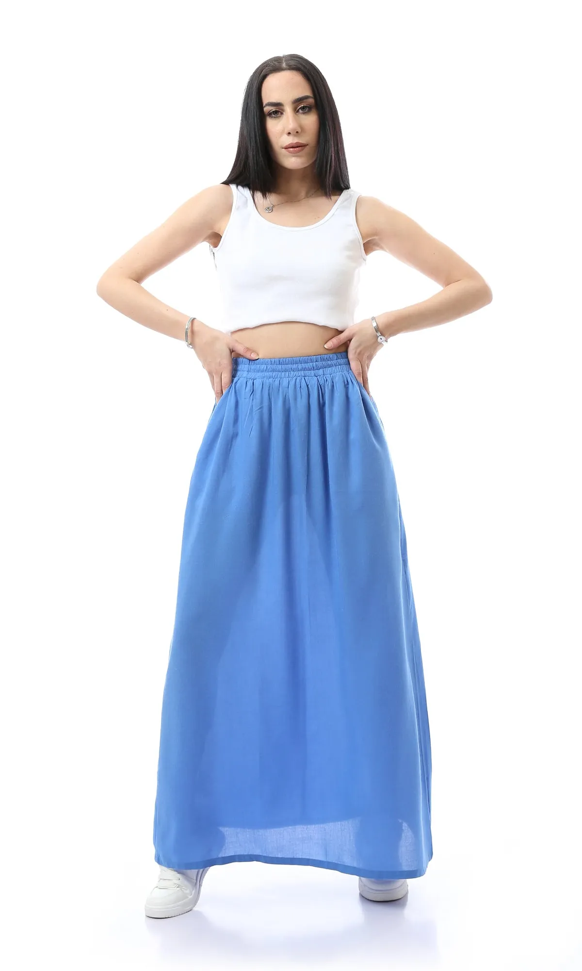 O165299 Cornflower Blue Maxi Skirt With Side Pockets