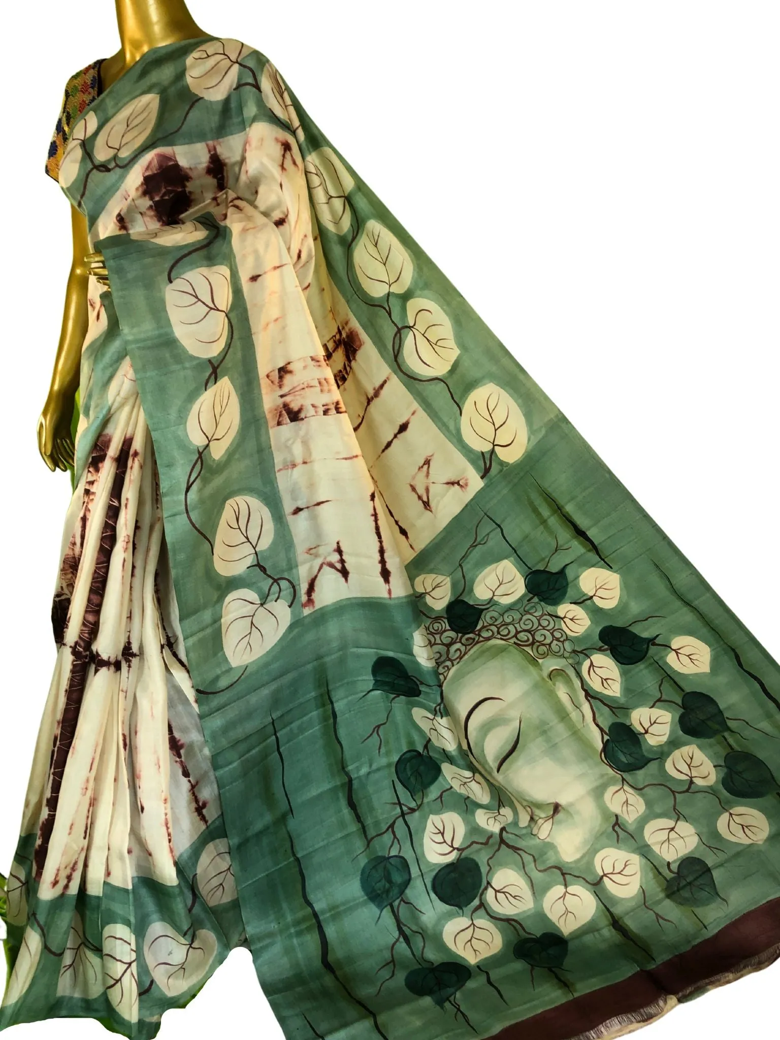 Offwhite Color Pure Muga Tussar Saree with Shibori Work with Hand Painting