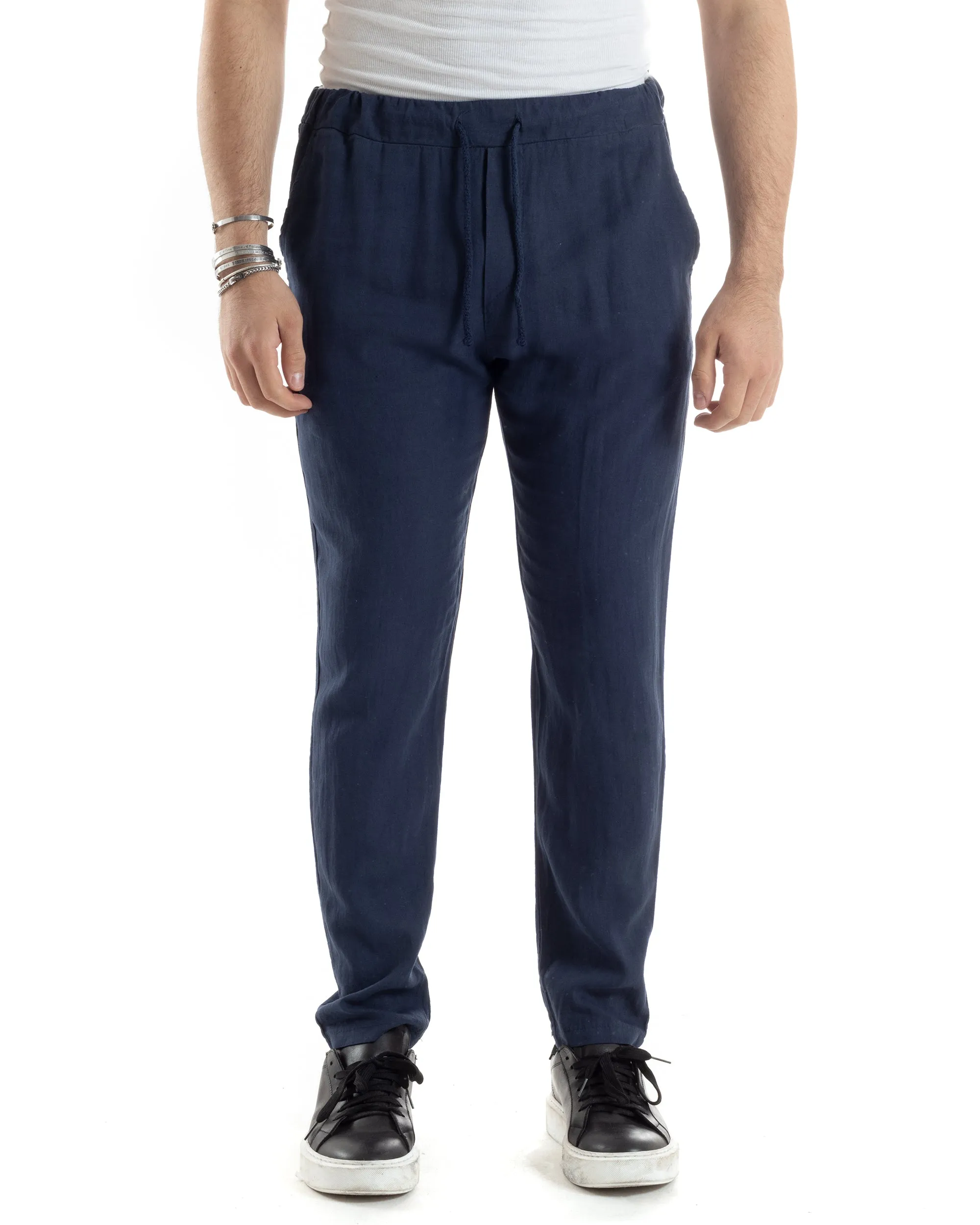 Pantaloni Uomo Lino Pantalaccio Lungo Elastico Regular Fit Tinta Unita Blu Casual GIOSAL-P6099A