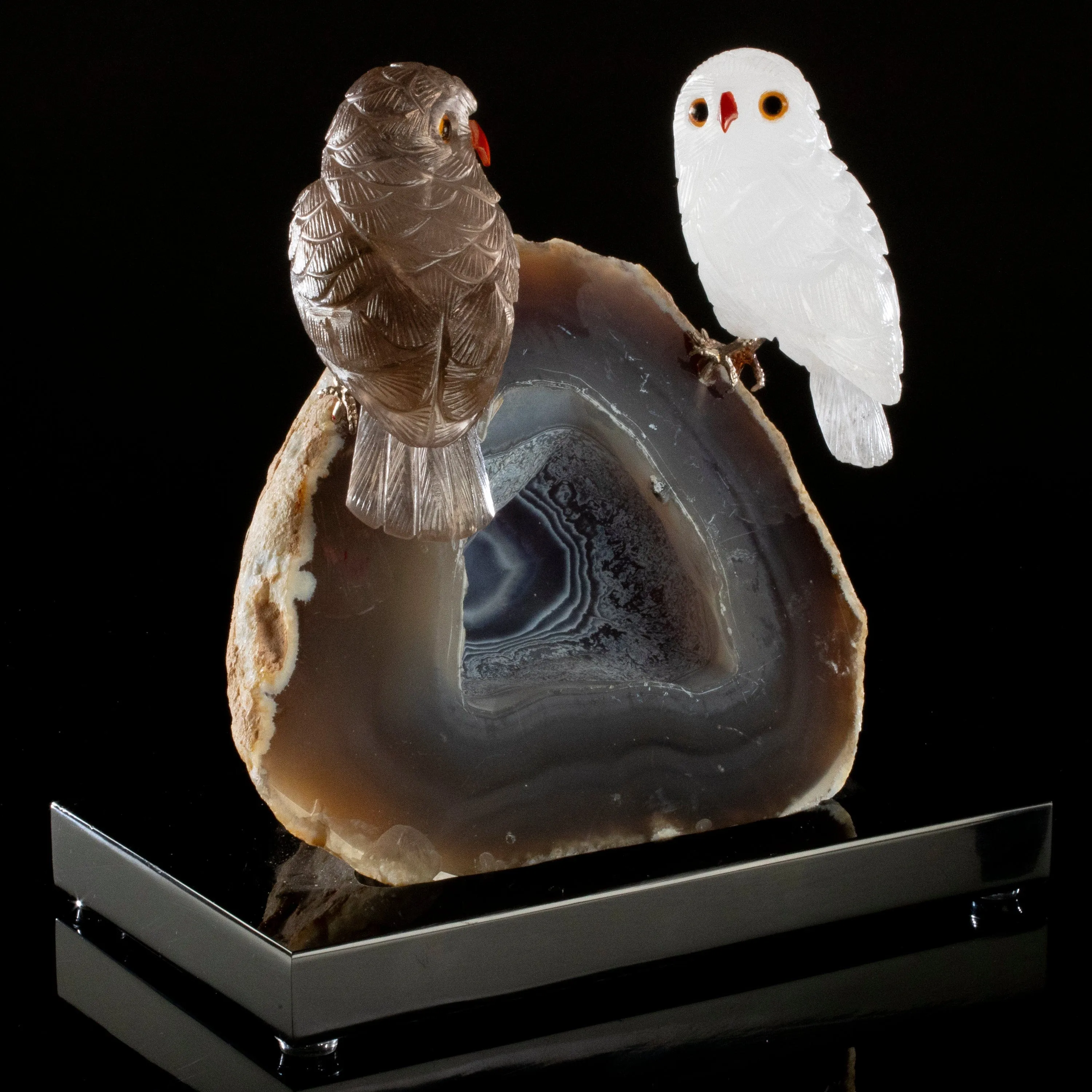 Peter Muller Smoky Quartz & Quartz Owl Love Bird Carving on Agate Base