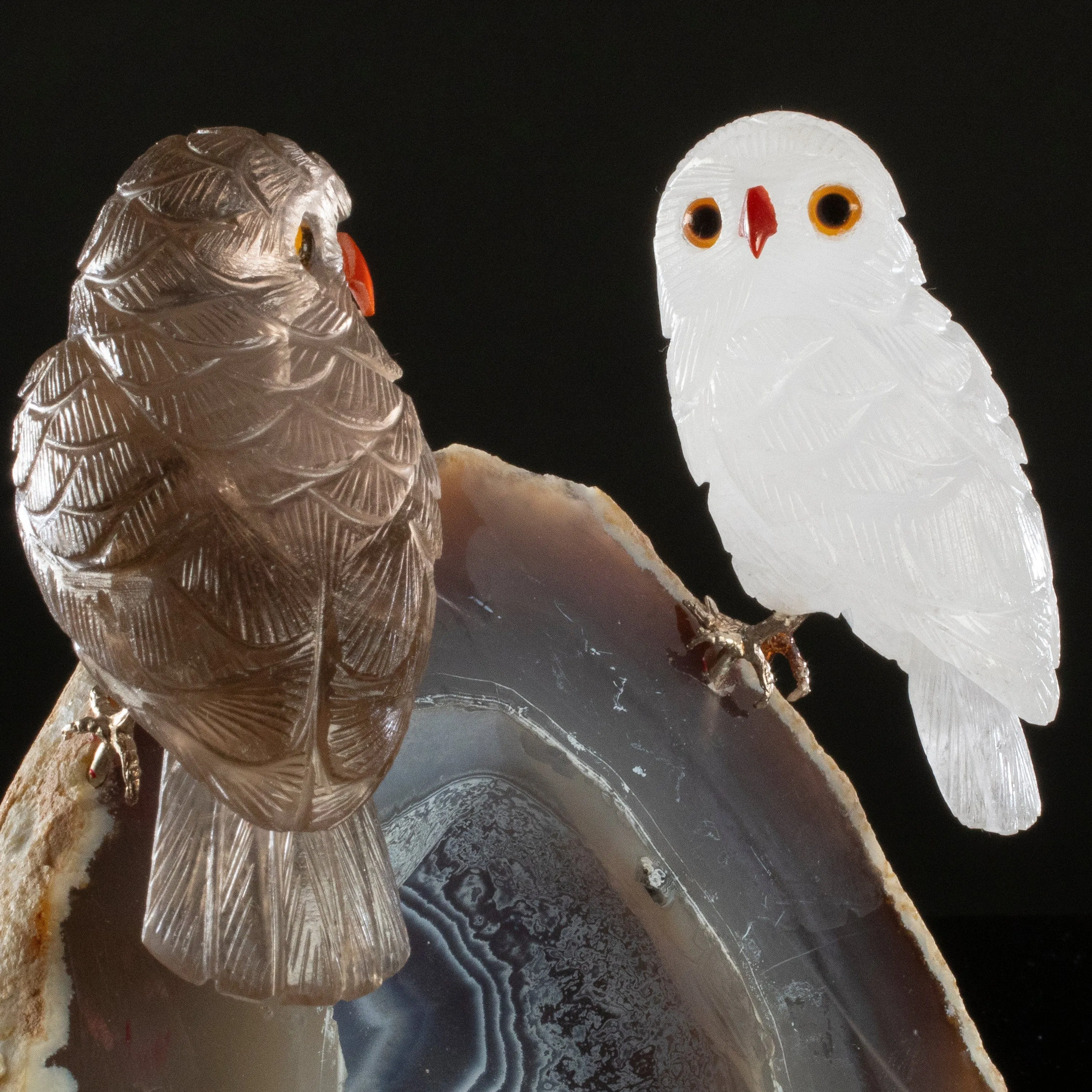 Peter Muller Smoky Quartz & Quartz Owl Love Bird Carving on Agate Base