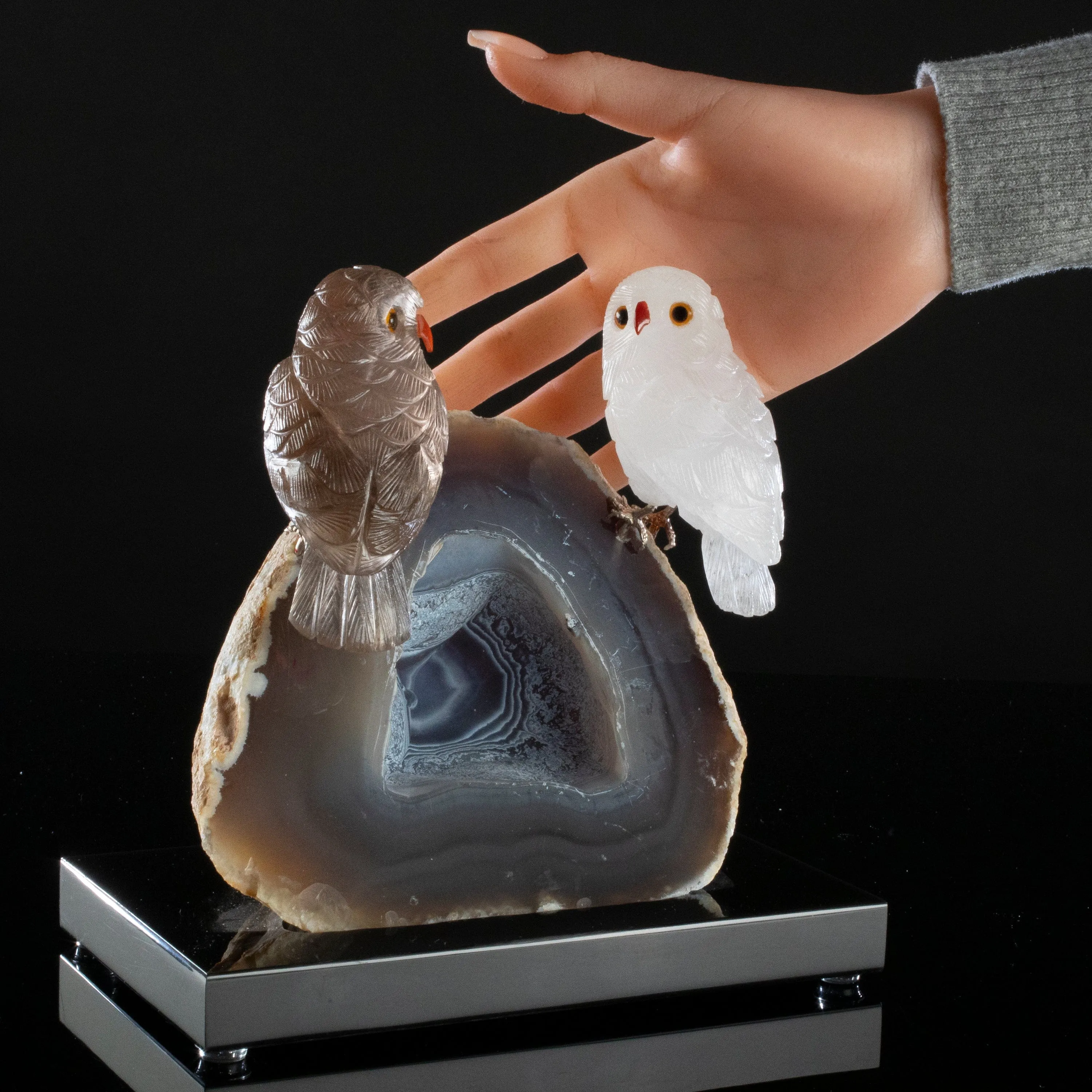 Peter Muller Smoky Quartz & Quartz Owl Love Bird Carving on Agate Base