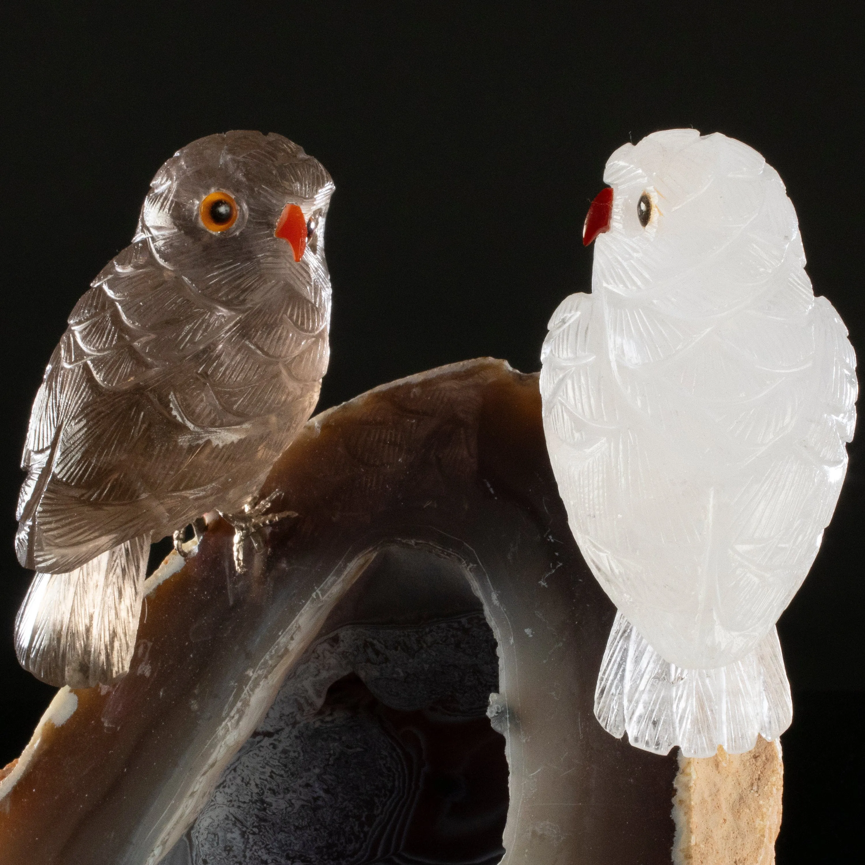 Peter Muller Smoky Quartz & Quartz Owl Love Bird Carving on Agate Base