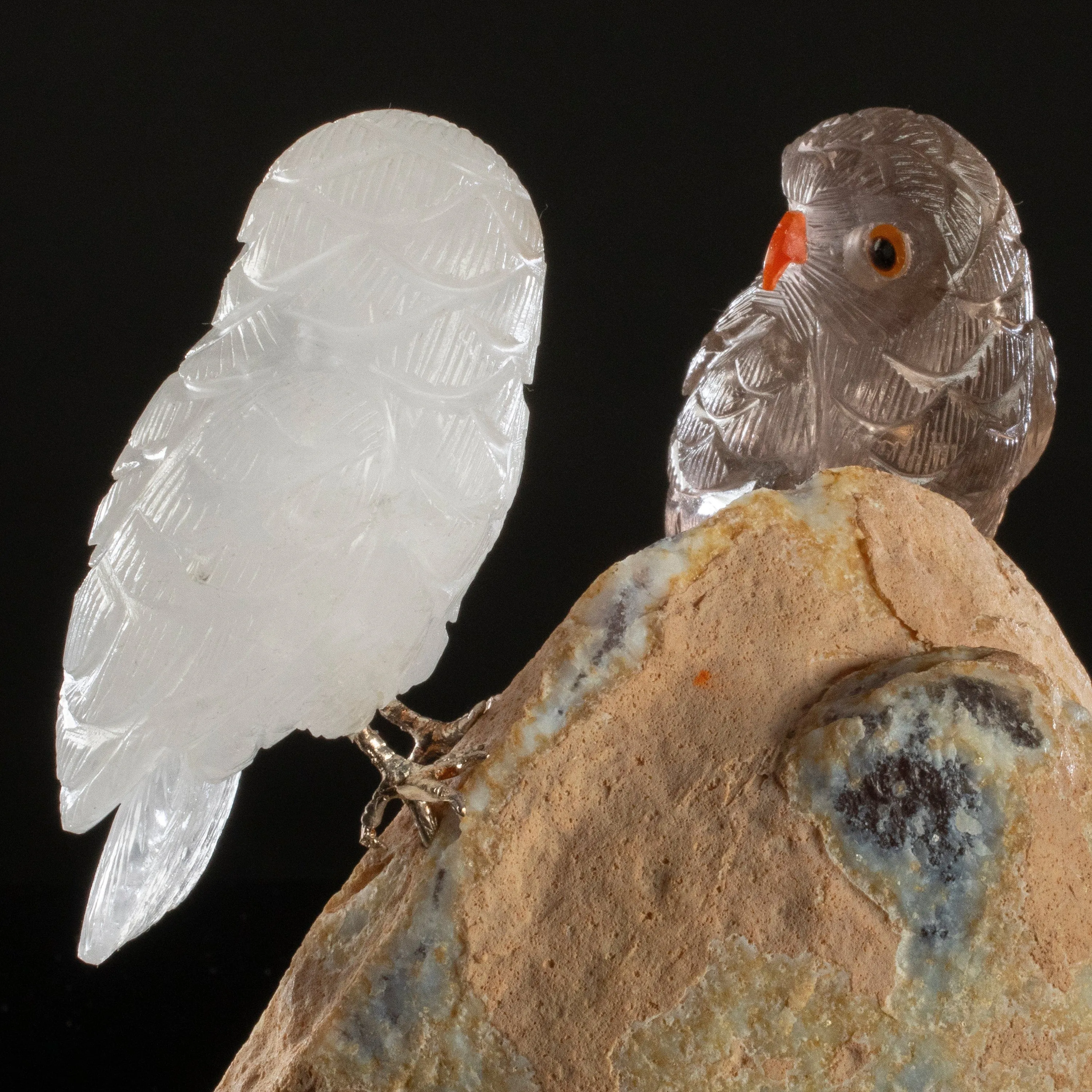 Peter Muller Smoky Quartz & Quartz Owl Love Bird Carving on Agate Base