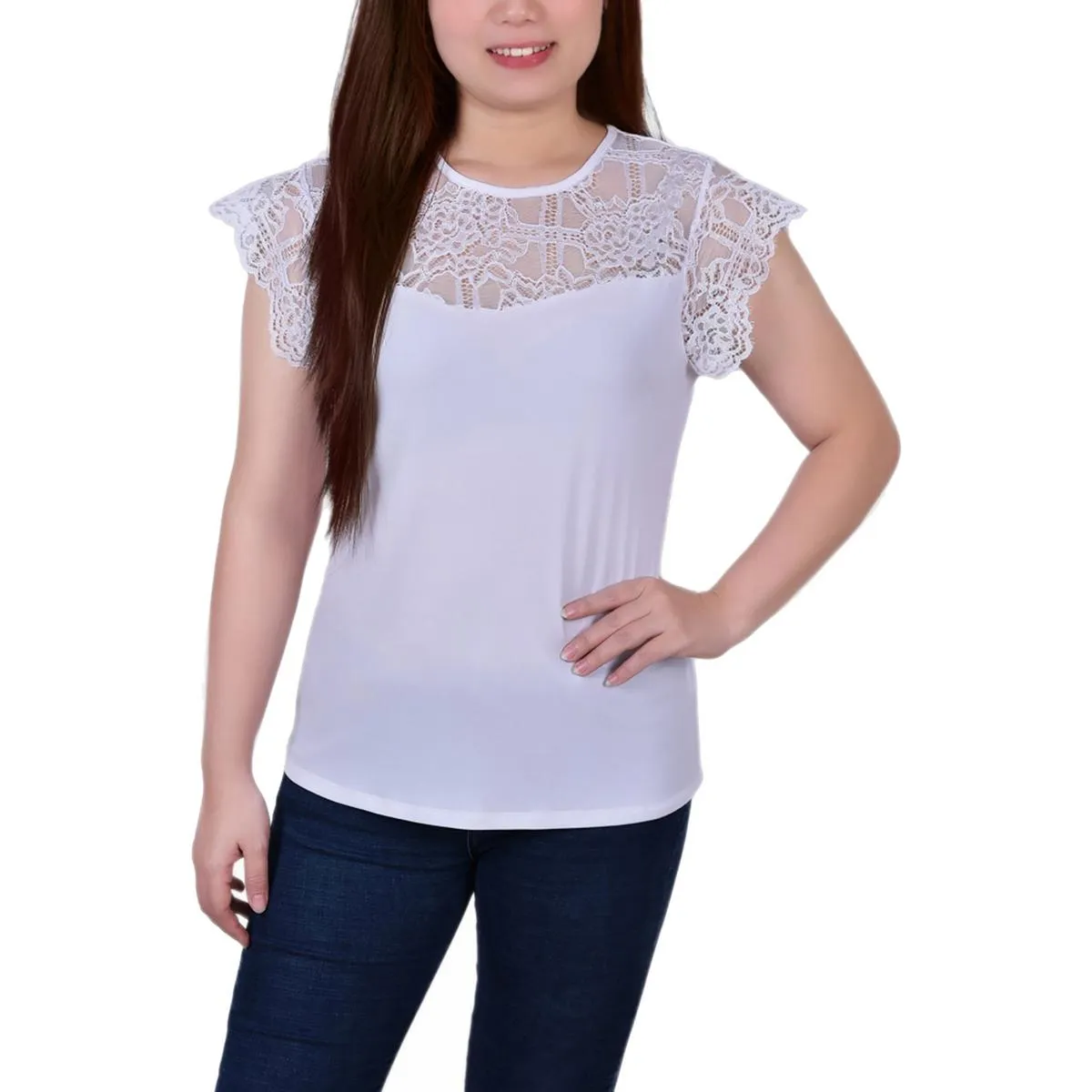 Petites Womens Lace Trim Pullover Top