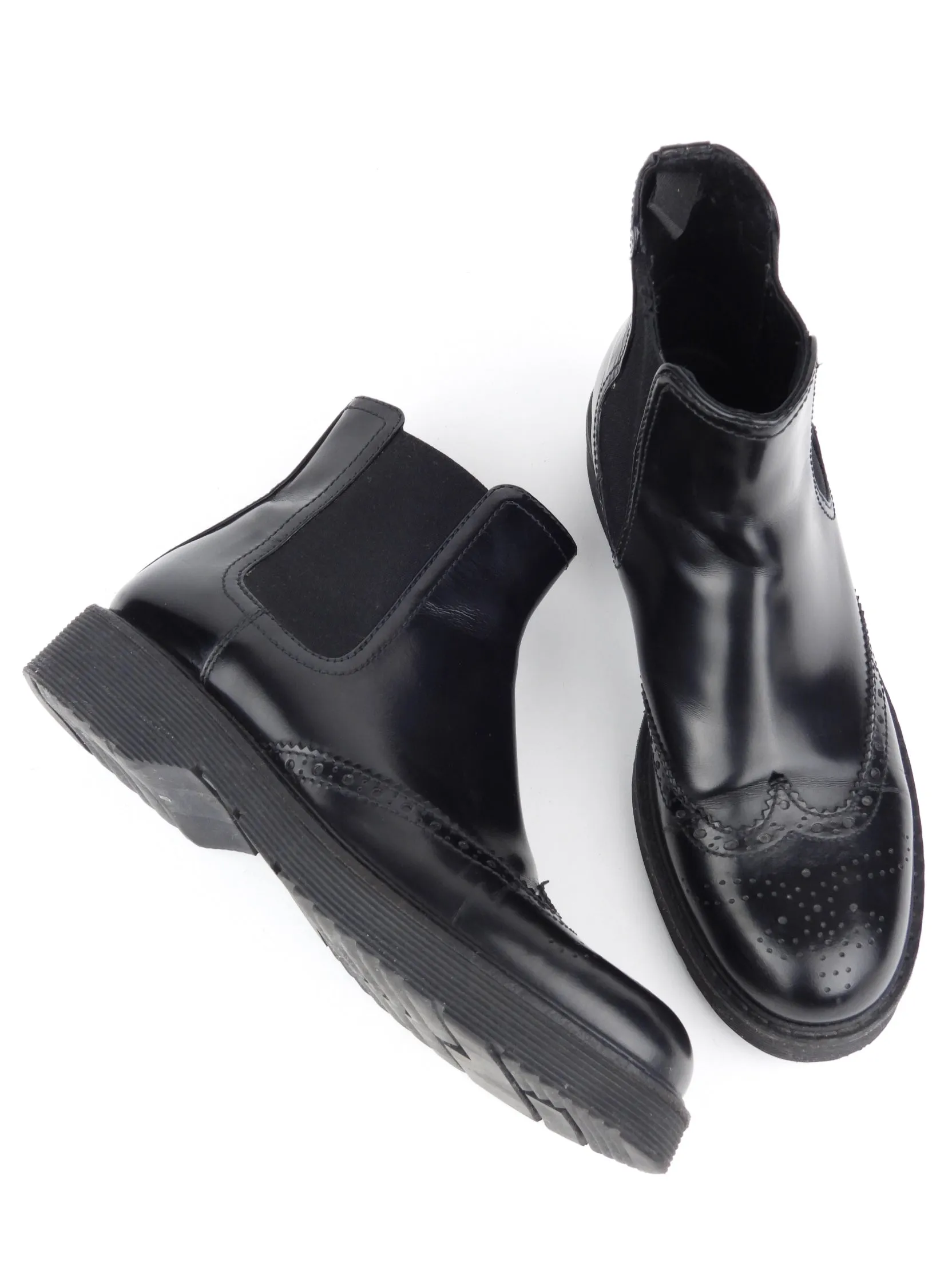 Prada Black Shiny Leather Brogue Detail Chelsea Boots - 38.5 EU