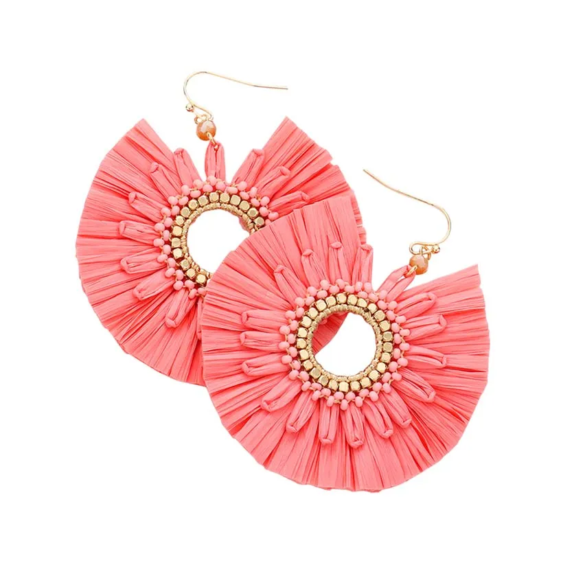 Raffia Trimmed Open Circle Dangle Earrings