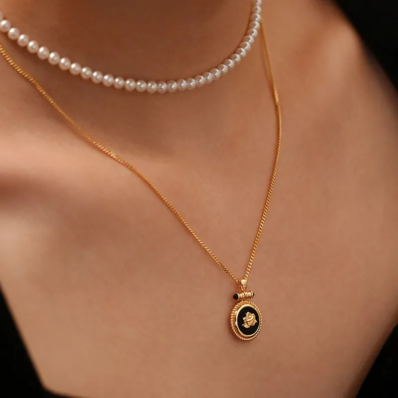 Rose Black Agate Necklace Gold Vermeil