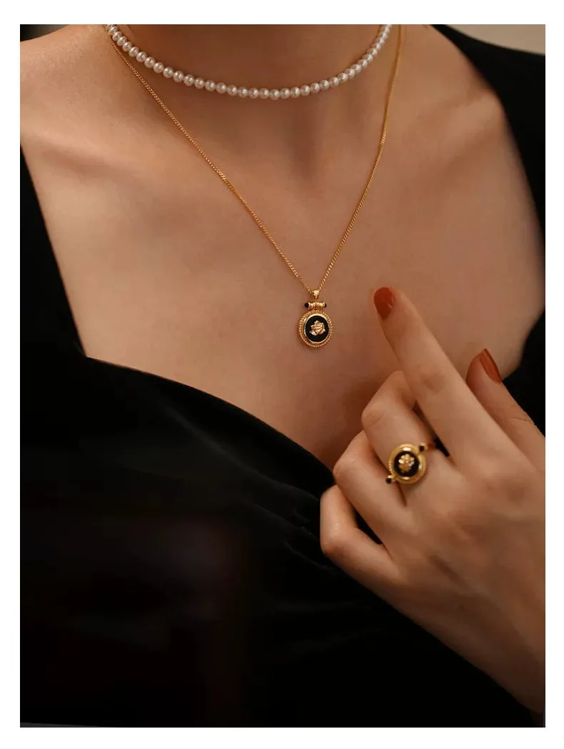 Rose Black Agate Necklace Gold Vermeil