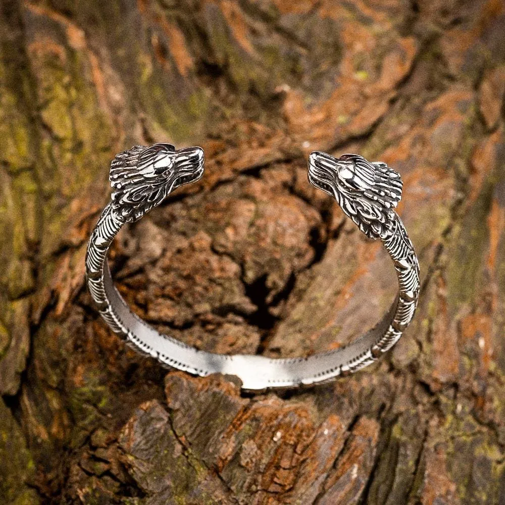 Stainless Steel Wolf Head Braided Torc Bracelet