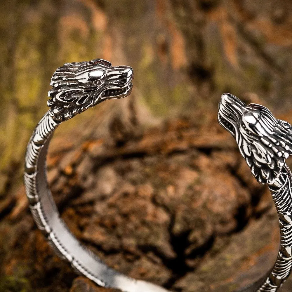 Stainless Steel Wolf Head Braided Torc Bracelet