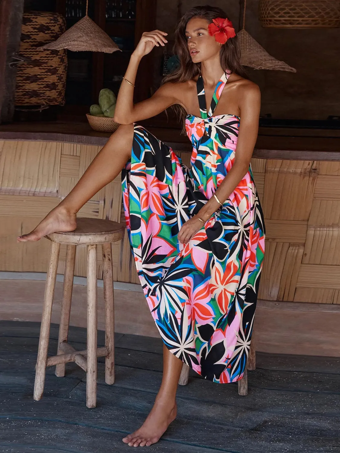 Sunset and Swim  Printed Halter Neck Midi Cami Dress