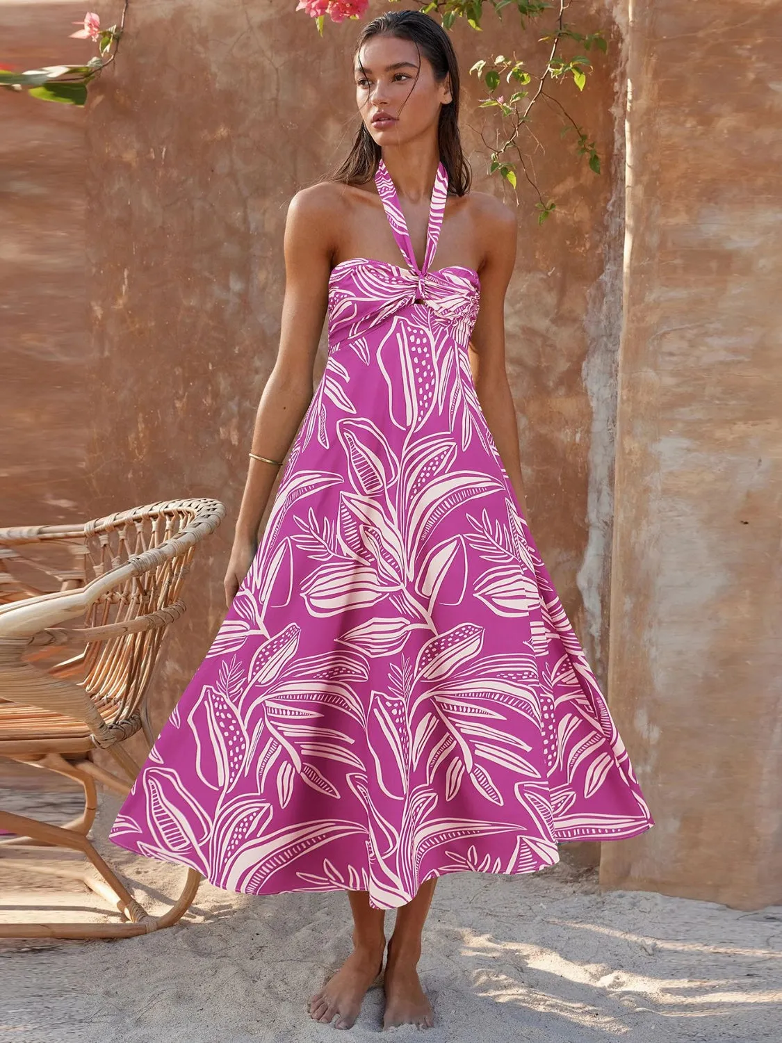 Sunset and Swim  Printed Halter Neck Midi Cami Dress