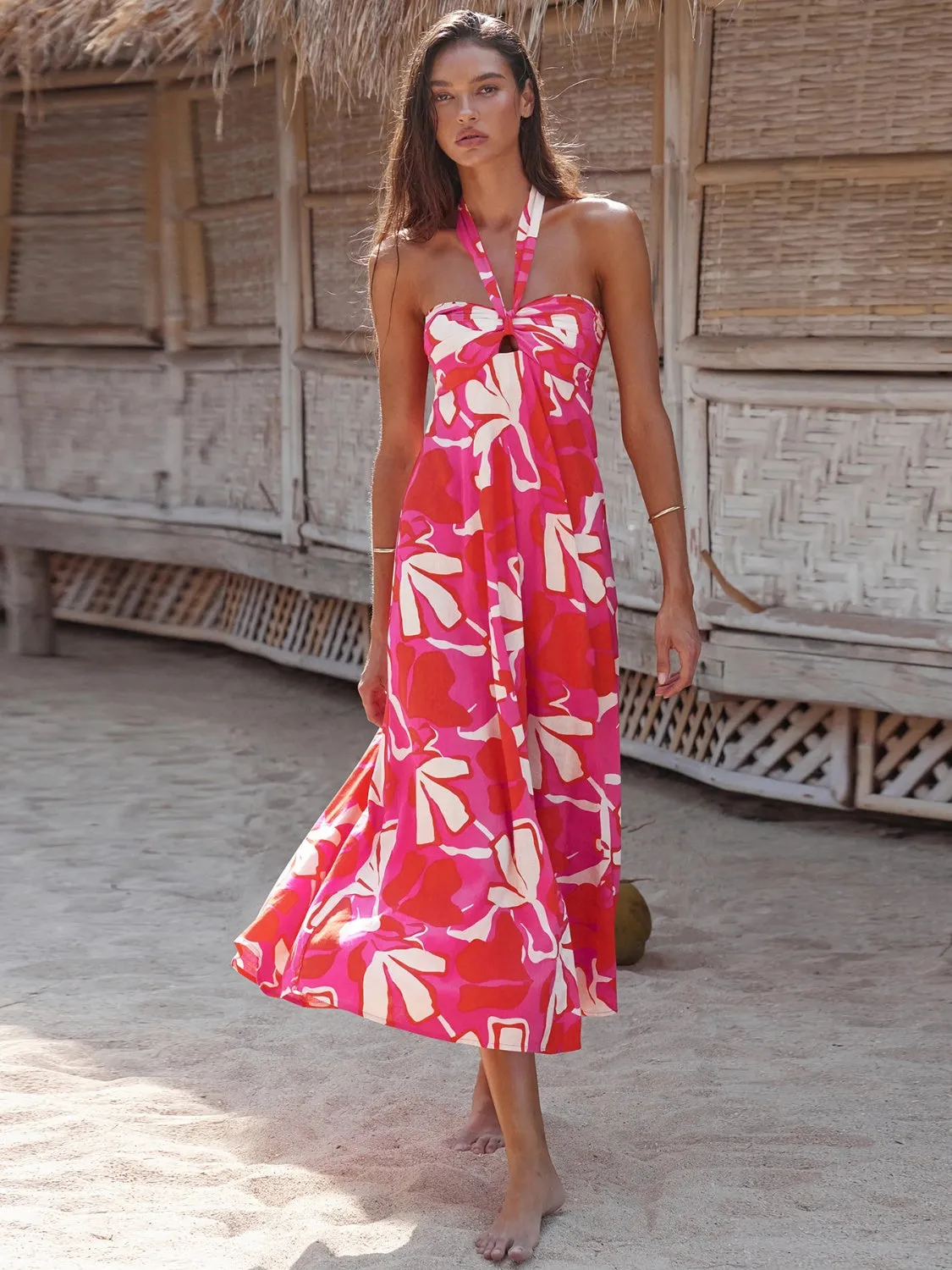 Sunset and Swim  Printed Halter Neck Midi Cami Dress