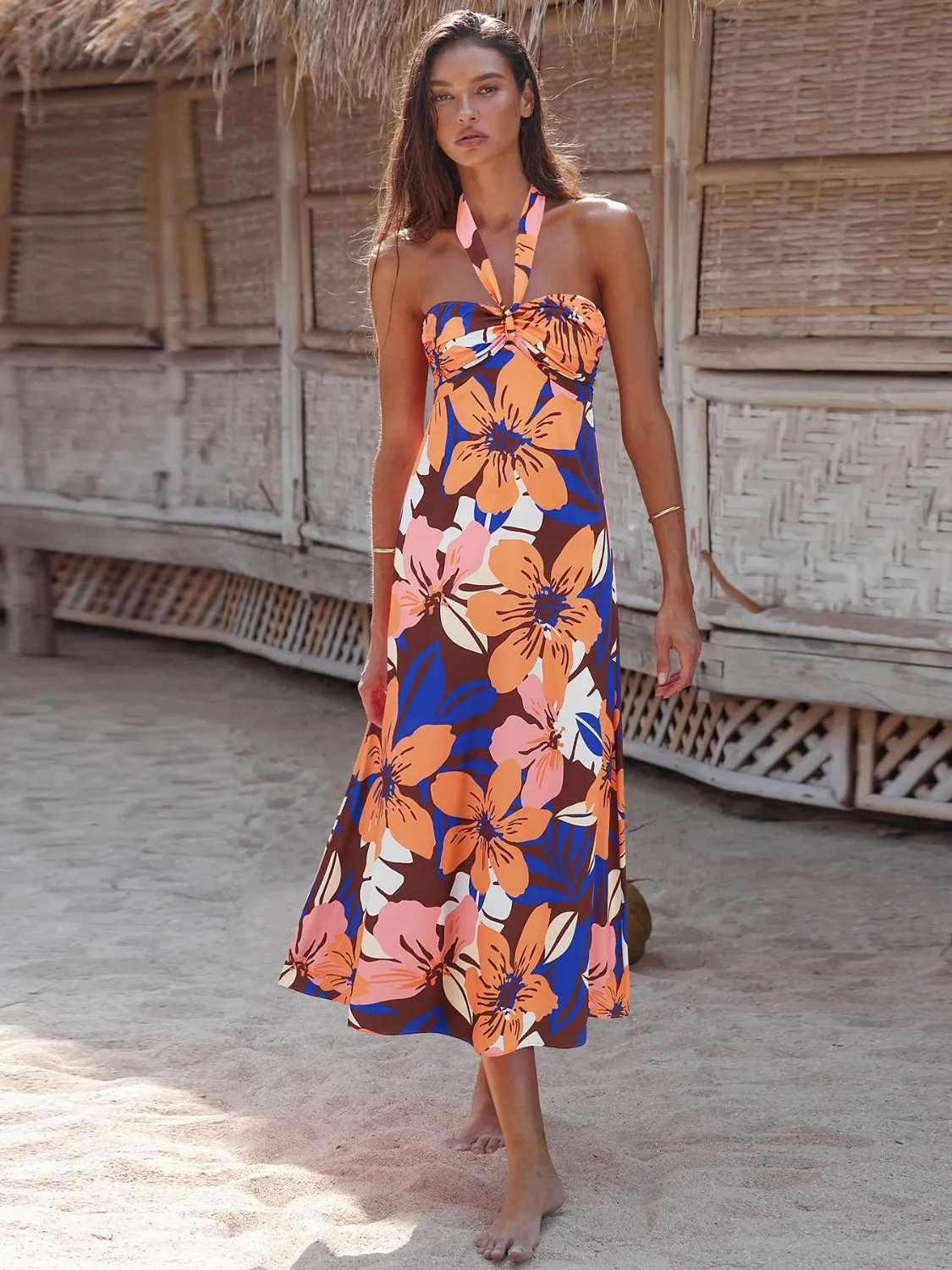 Sunset and Swim  Printed Halter Neck Midi Cami Dress