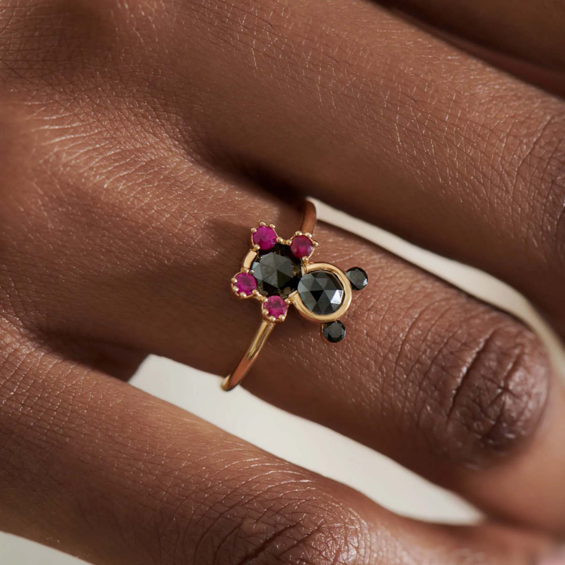 Teddy Bear Black Rose Cut Diamond & Ruby Ring