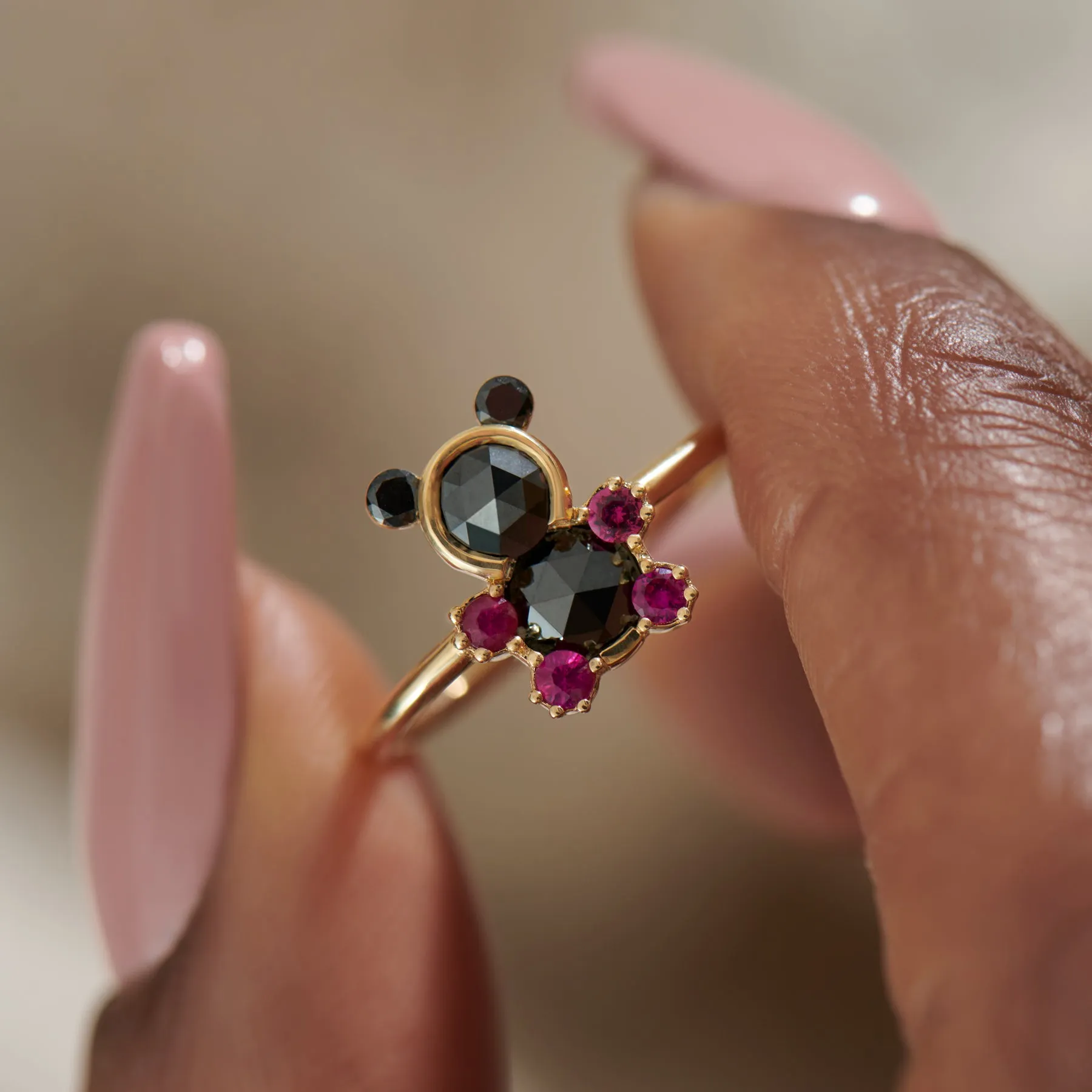 Teddy Bear Black Rose Cut Diamond & Ruby Ring