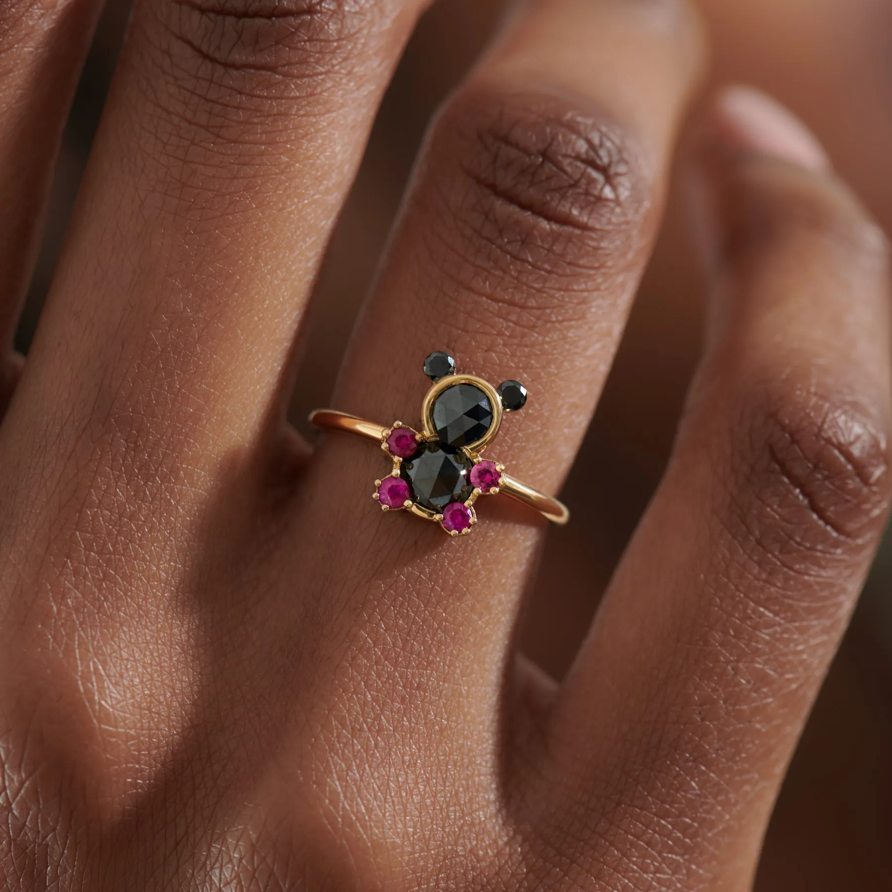 Teddy Bear Black Rose Cut Diamond & Ruby Ring