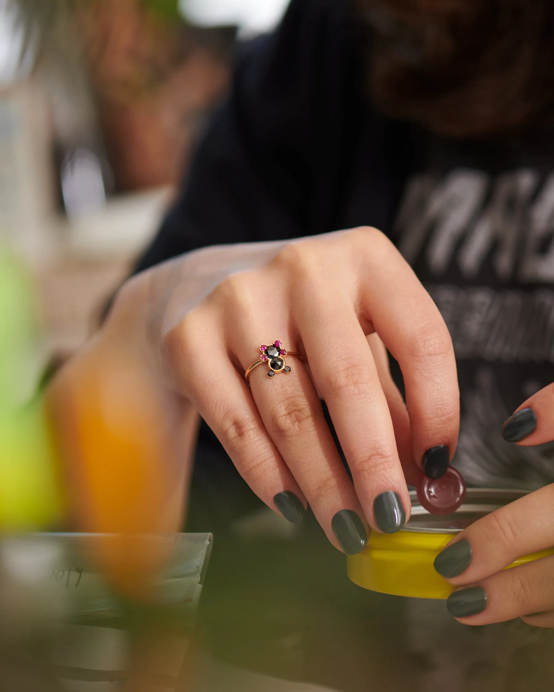 Teddy Bear Black Rose Cut Diamond & Ruby Ring