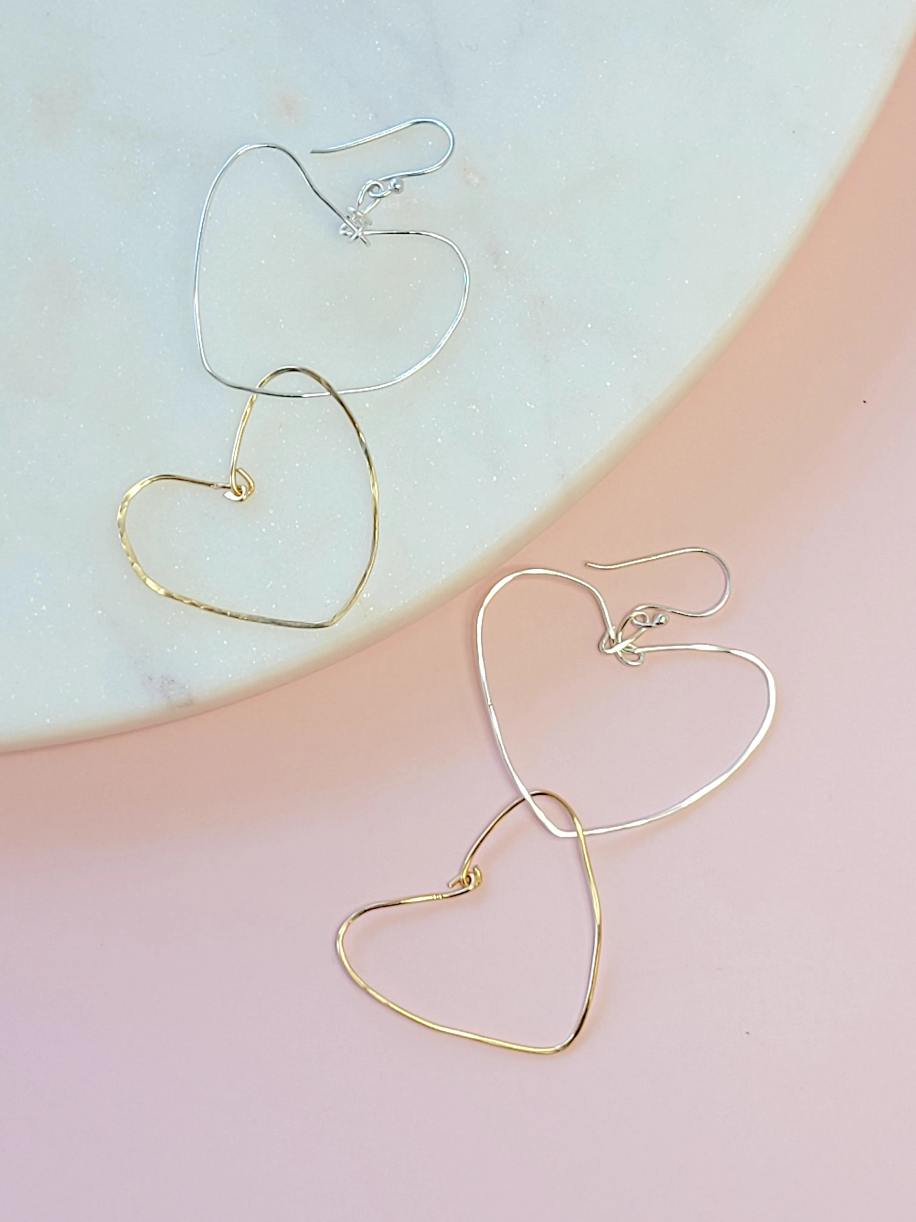 Two Heart Hammered Gold Polished Silver Earring