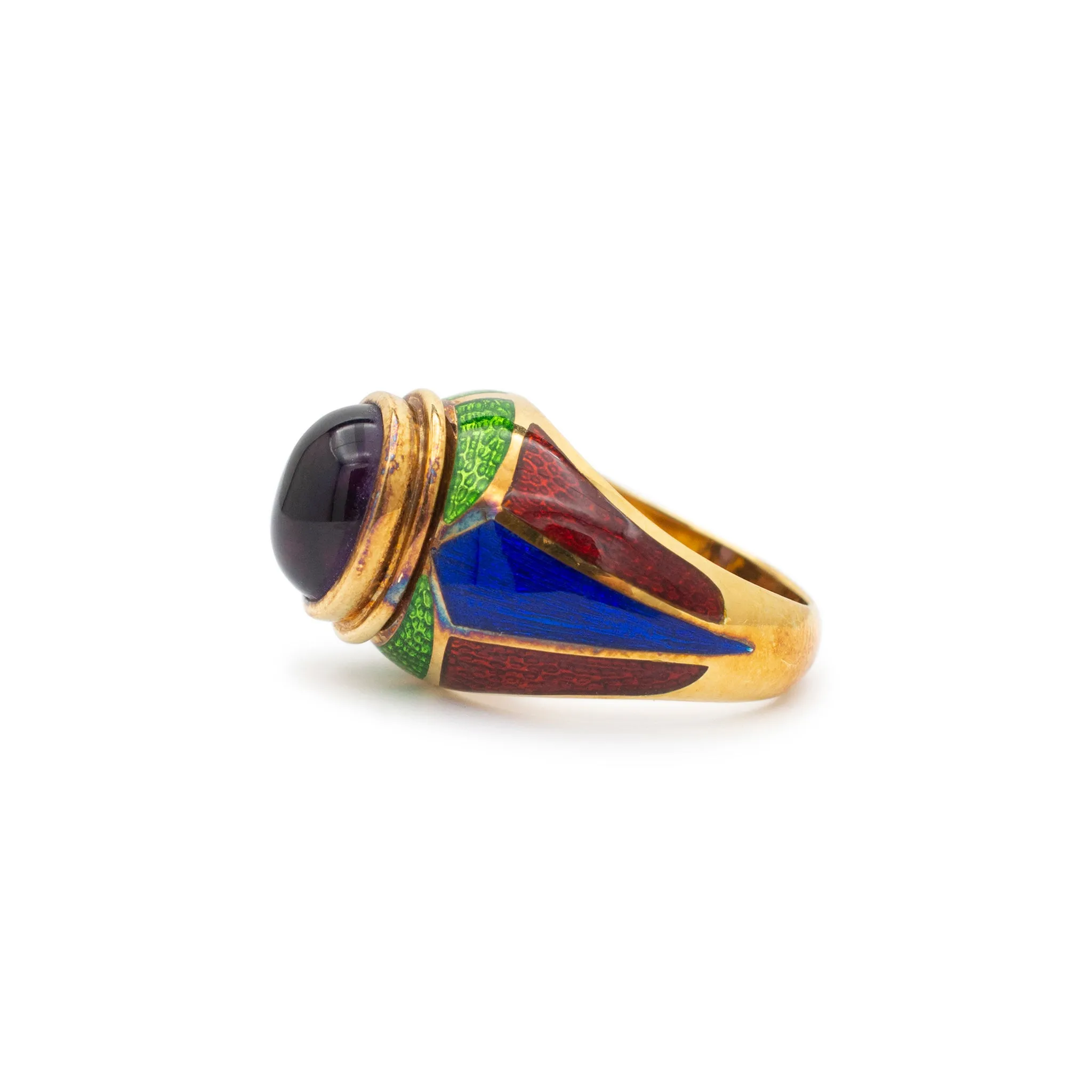 Vintage Mavito New York 18 Karat Yellow Gold Amethyst, Blue and Green Enamel Cocktail Ring