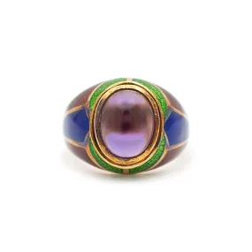 Vintage Mavito New York 18 Karat Yellow Gold Amethyst, Blue and Green Enamel Cocktail Ring