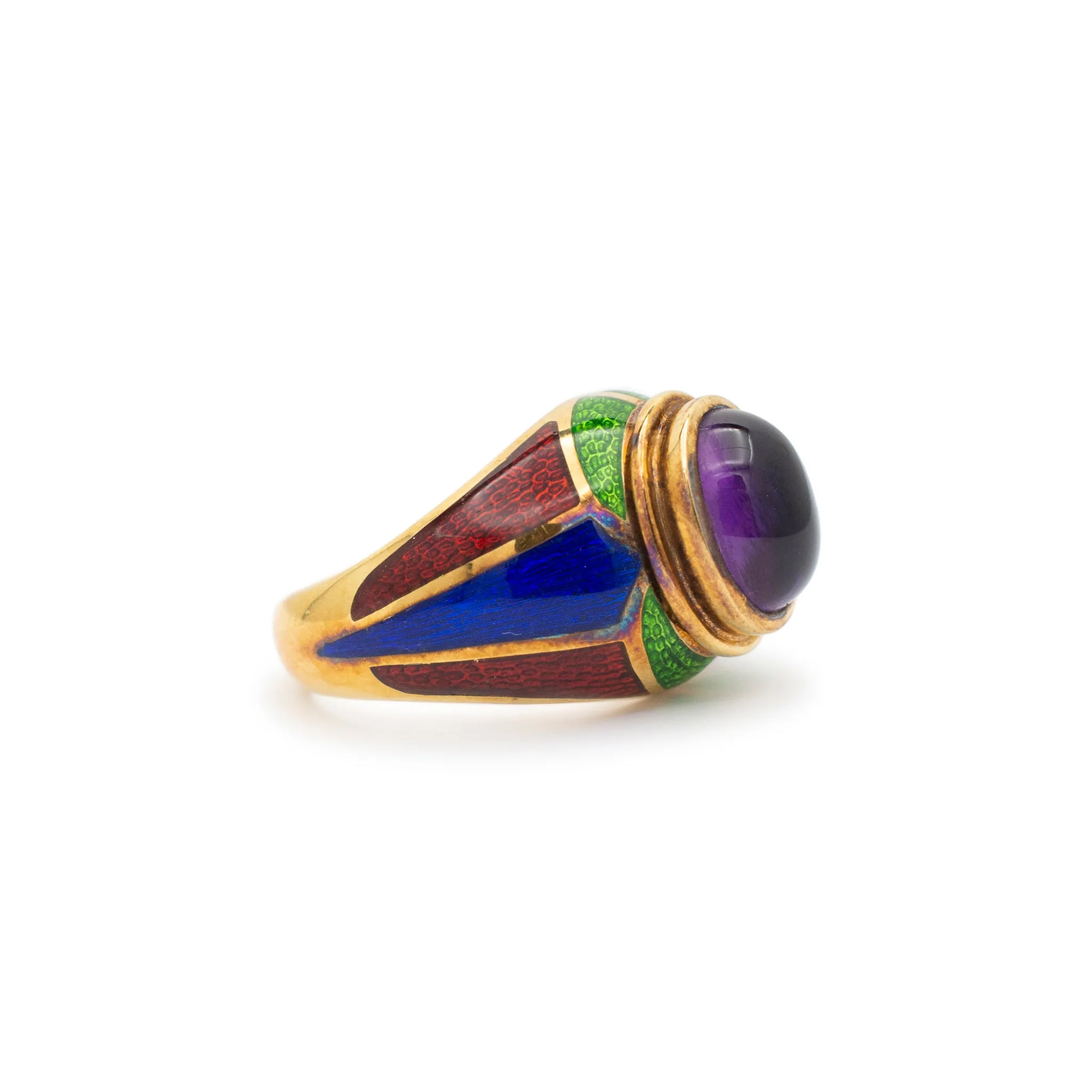 Vintage Mavito New York 18 Karat Yellow Gold Amethyst, Blue and Green Enamel Cocktail Ring