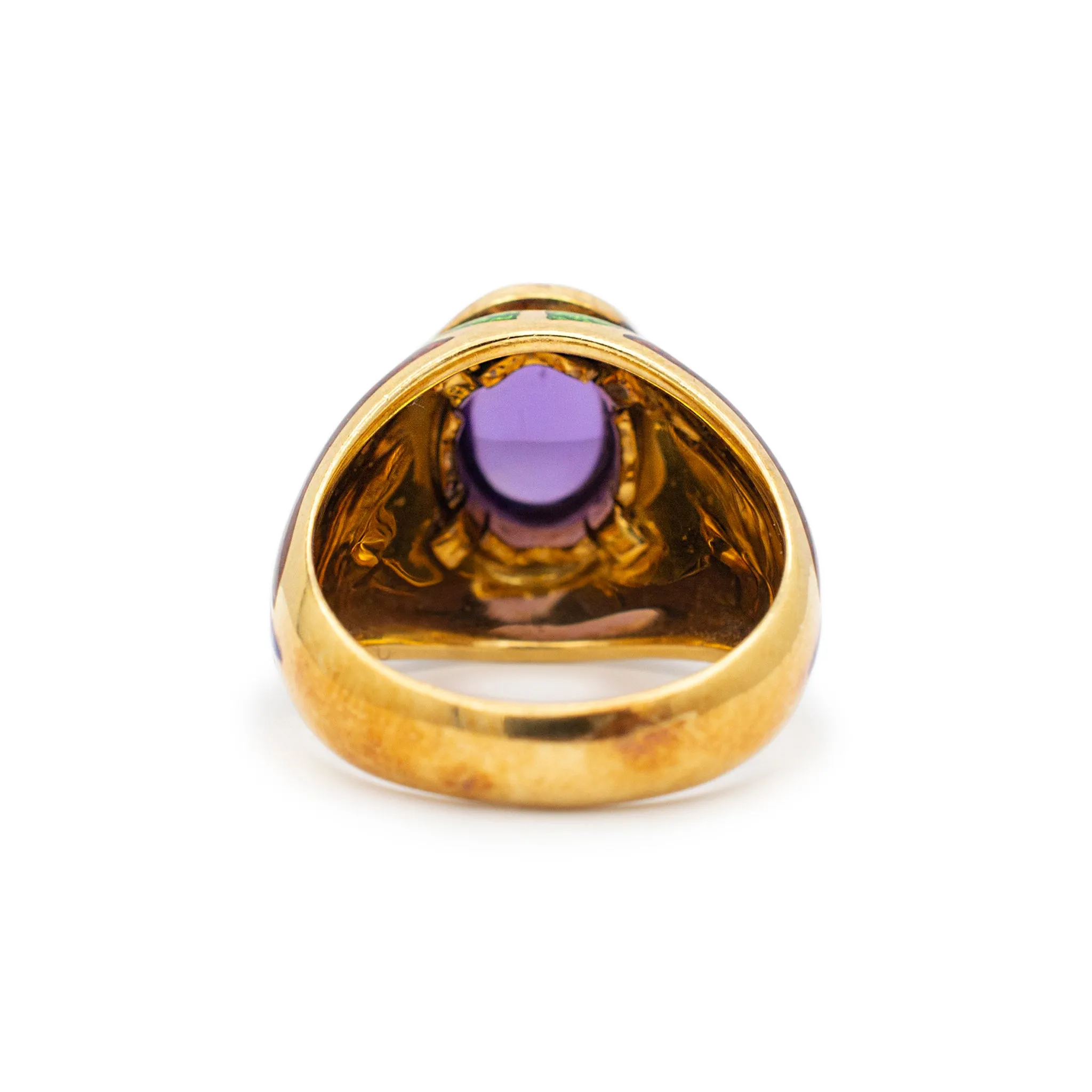 Vintage Mavito New York 18 Karat Yellow Gold Amethyst, Blue and Green Enamel Cocktail Ring