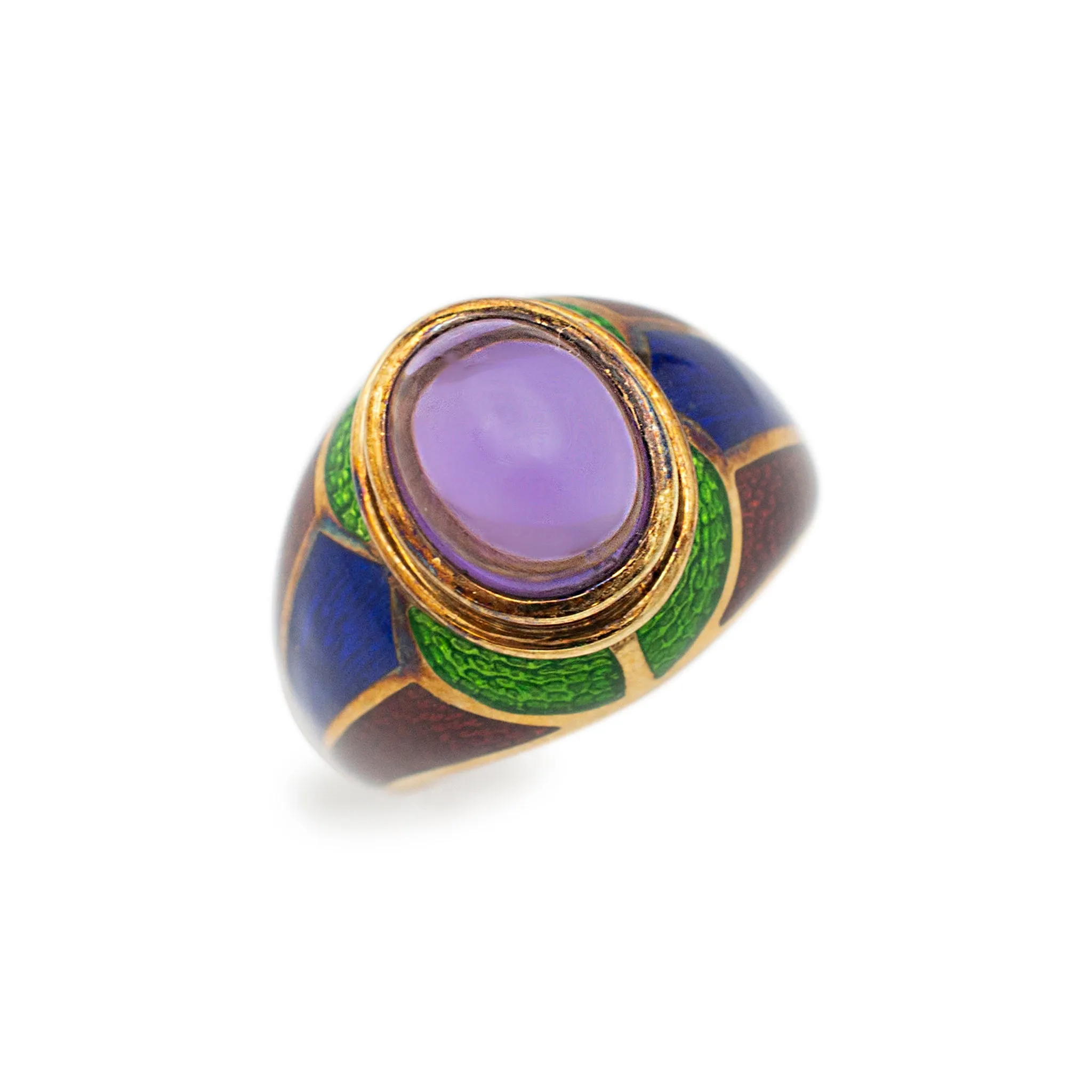 Vintage Mavito New York 18 Karat Yellow Gold Amethyst, Blue and Green Enamel Cocktail Ring