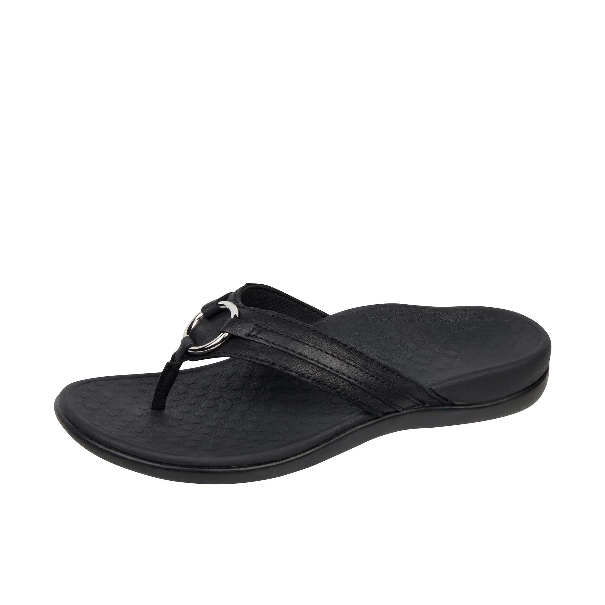 Vionic Womens Tide Aloe Toe Post Sandal Black Leather