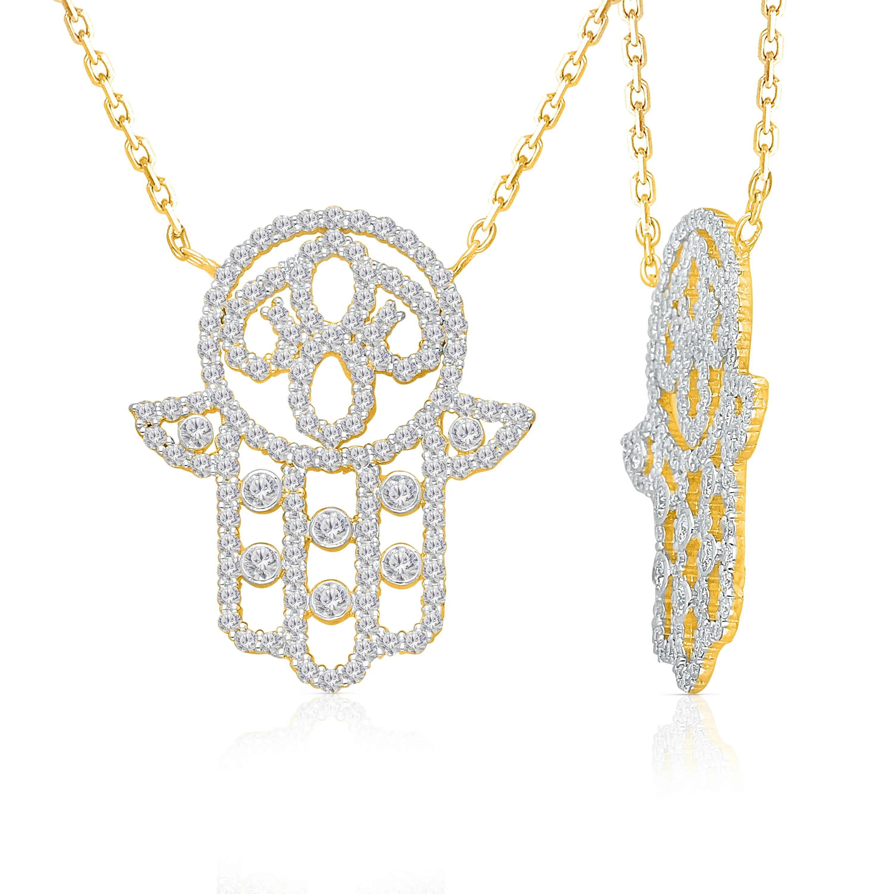 Yellow Gold White Diamond Hamsa Necklace